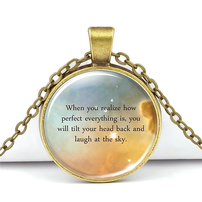 Women's Teal Round Glass Pattern Pendant Necklace, Inspirational Quote